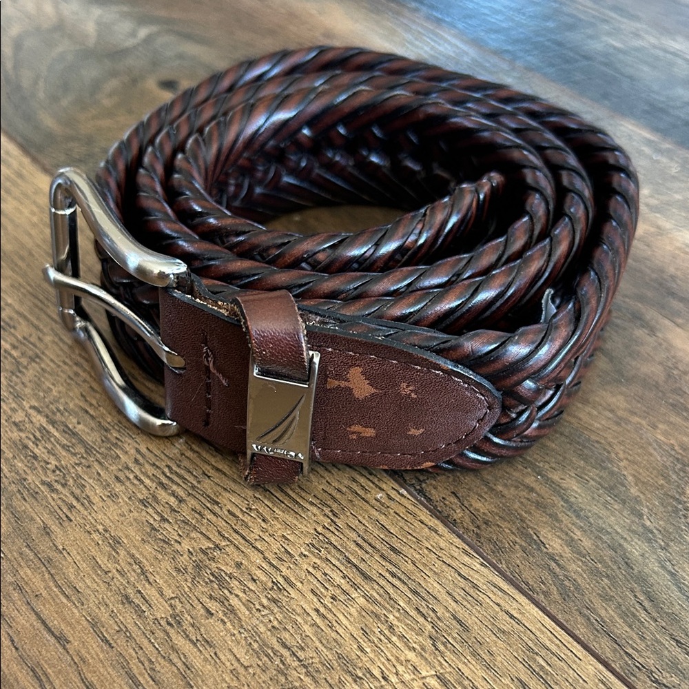 Nautica Dark Brown Braided Leather Belt with silver hardware